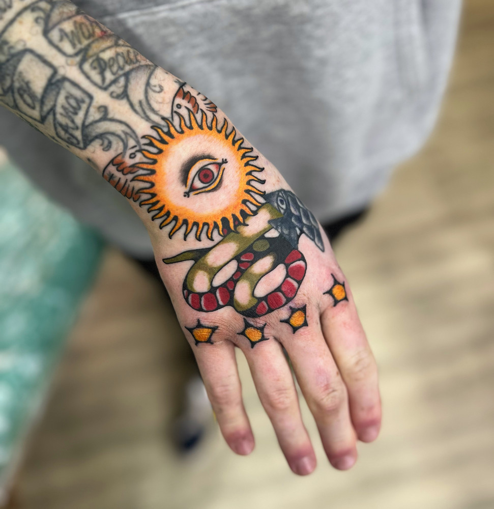 Custom traditional tattoo work by Estelle at Have Faith Tattoo Bath